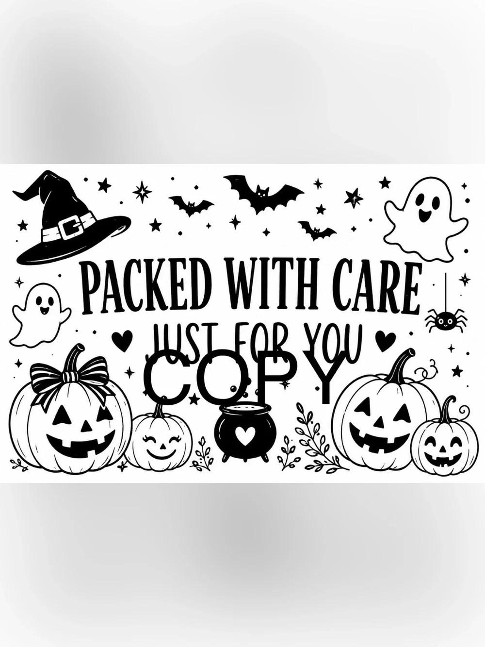 100 Halloween “Packed With Care” Packaging Labels – Black & White